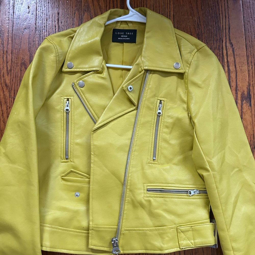 Love Tree Yellow Leather Biker Jacket